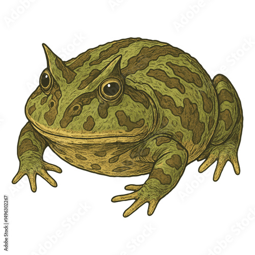 Amazonian Horned Frog Vector – Camouflaged Flat Amphibian with Eye Horns, Isolated Illustration