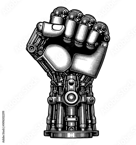 Detailed Engraving Style Vector Illustration of a Mechanical Robotic Fist on a White Background