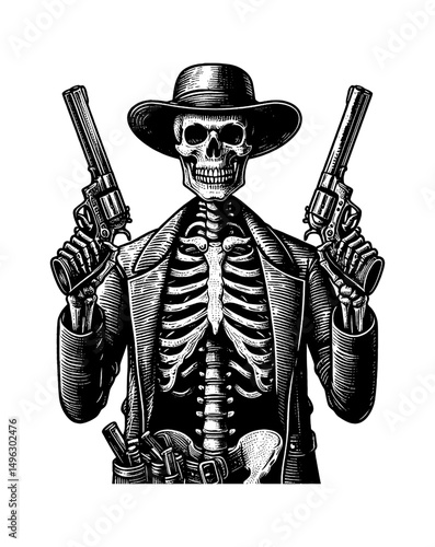 Skeleton Cowboy Holding Revolvers in Engraved Style Black and White Detailed Line Art Drawing