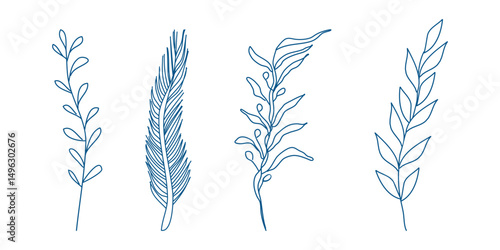 Marine elements doodle style set in blue la dolce vita. Italian style. Undersea world. Menu design of postcard and poster. Vector illustration.