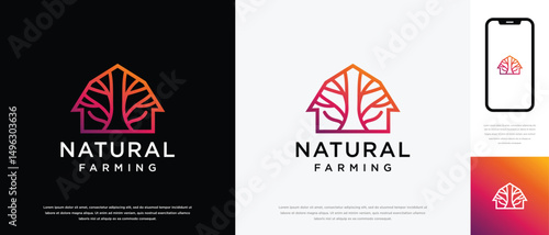 Nature tree farm house logo design. Nature leaf farm logo template. Farming and ranch logo symbol icon
