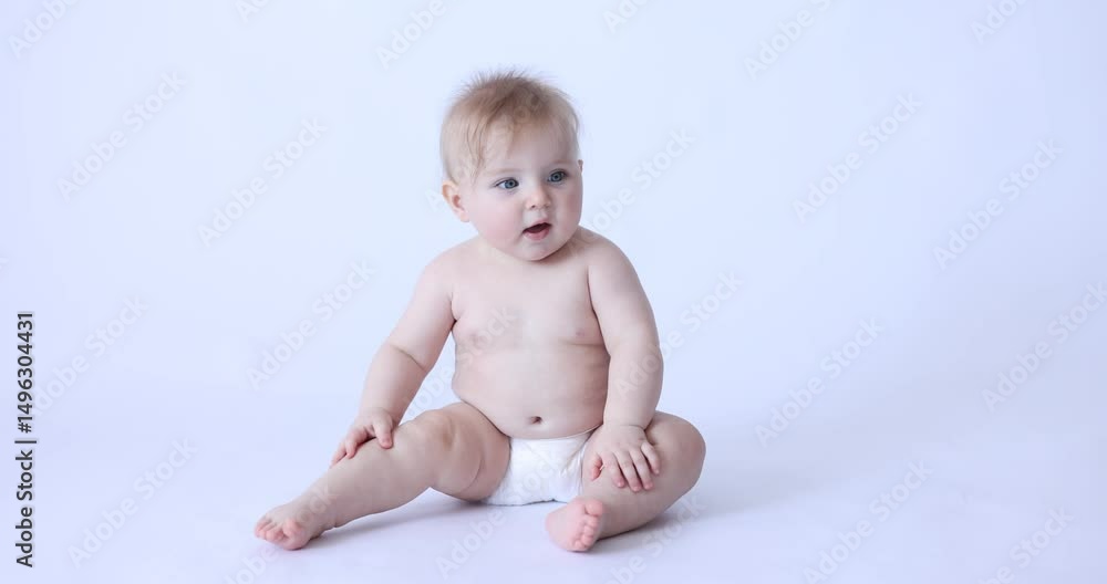 Cute little baby in diaper on white background Cute little baby in diaper on white background