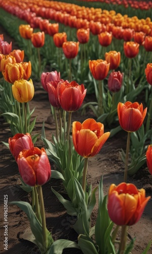 Close-up of aligned tulips, showing rich color variations & textures , macro, blossom, detail