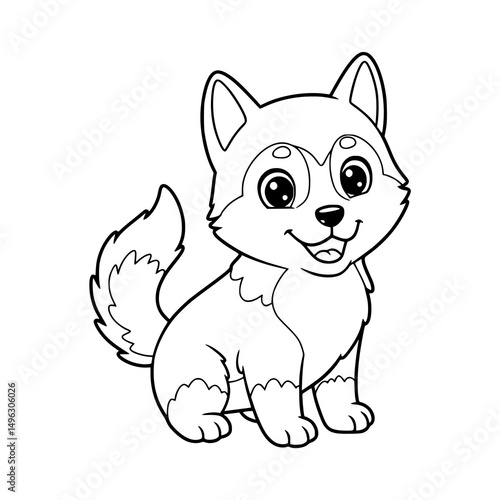 happy siberian husky cartoon, drawing, illustration, coloring for kids