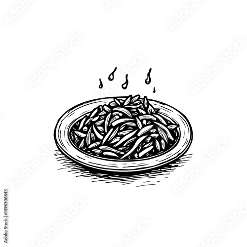 Sketch of a plate with dish and aroma emanating, depicting food preparation