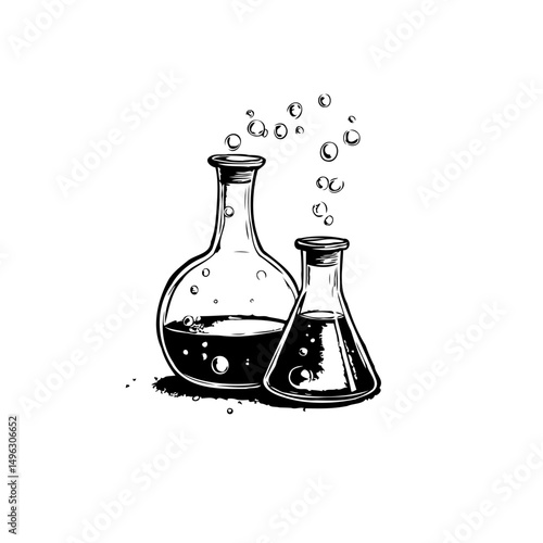 Laboratory exploration: Black and white illustration of chemical flasks with liquid