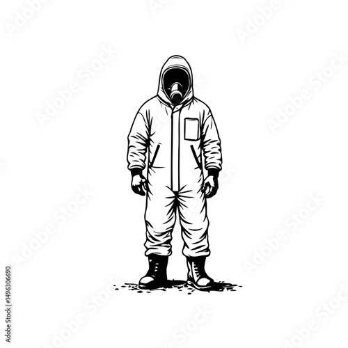 Monochrome portrayal of person in protective hazmat suit against white backdrop
