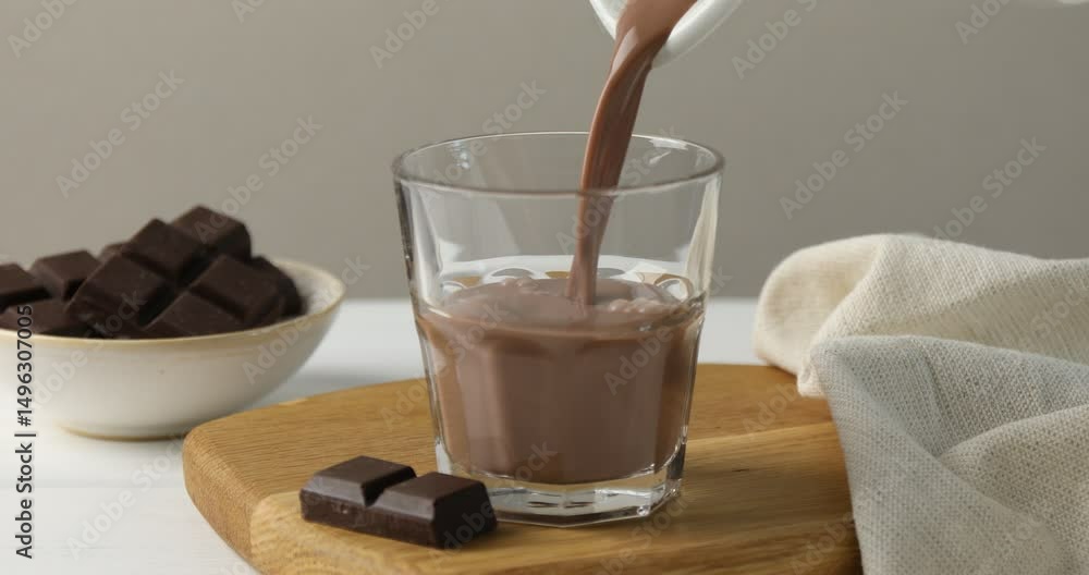 Woman pouring tasty chocolate milk into glass at white wooden table, closeup