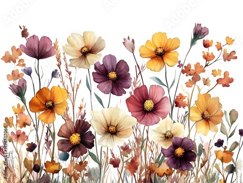 A watercolor painting of autumn cosmos flowers and wildflowers in warm earthy tones on a white background.