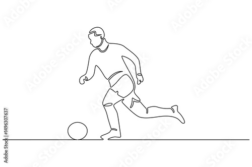 Continuous one line drawing of Soccer player in action. Single line drawing illustration of Football player dribble with a ball. World Football Day concept vector art. Doodle line illustration.