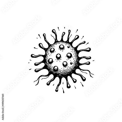 Monochrome detailed graphic illustration of a spiky pathogen cell structure