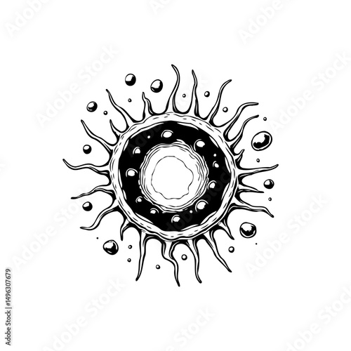 Abstract symbolic depiction of the sun with artistic flair in monochrome