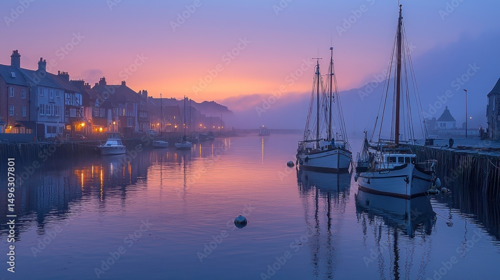 Misty sunrise over a quaint harbor town Misty sunrise over a quaint harbor town