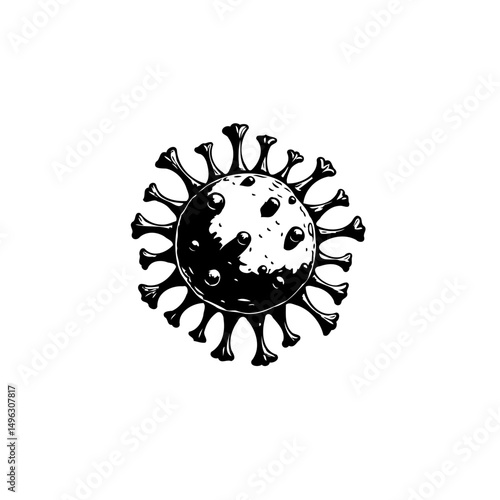 Stylized black and white rendering of a virus cell with distinct projections