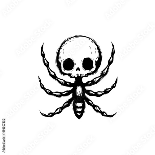 Skull Spider Illustration with Gothic Horror Aesthetic for Halloween Design