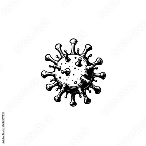Monochrome depiction of a microscopic virus organism with detailed spiky surface