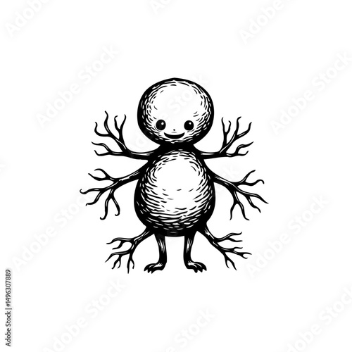Whimsical ink drawing of a curious creature with branch-like appendages
