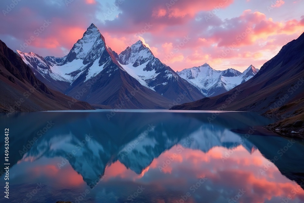 Obraz premium Majestic Andean peaks reflecting in Bolivian lake, clouds, mountains, reflection