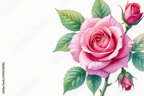 Delicate watercolor roses, intertwined leaves & buds, blossom, white