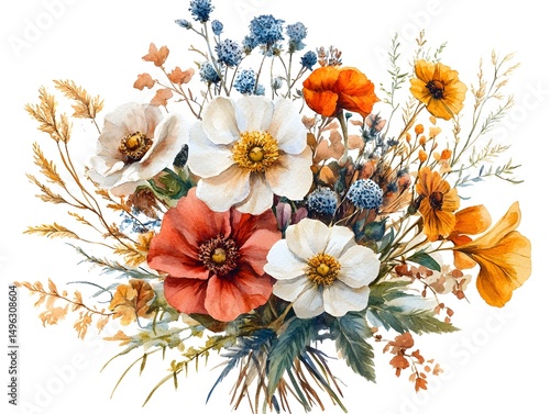 A vibrant watercolor painting of a rustic autumnal flower bouquet featu poppies, wildflowers and dried grasses on a white background.
