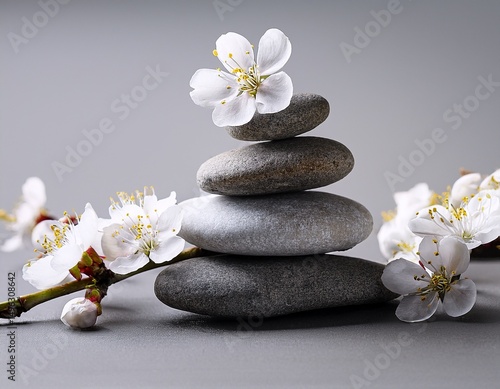 stacked stones and blossoms zen still life photography grey background close up minimalist composition zen spa