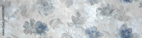 Old wall with cracked texture, adorned by blue blossoms - Seamless , pattern , background , tile