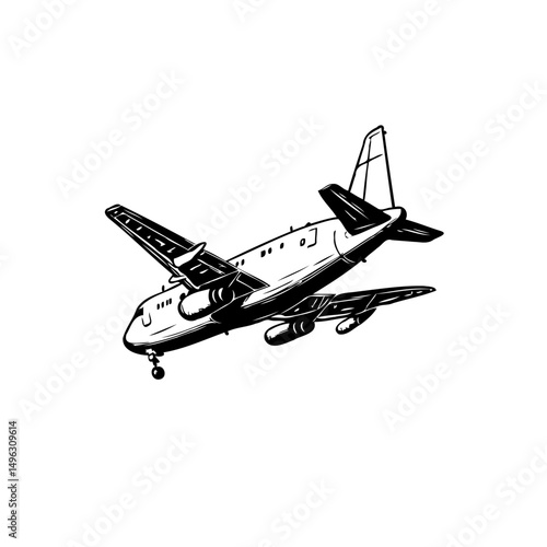 Monochrome depiction of a vintage airplane in flight with detailed linework