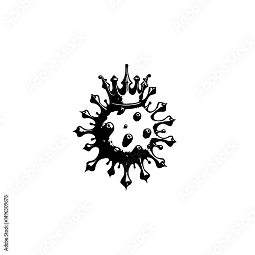 Stylized viral particle with ornate crown, representing pandemic authority