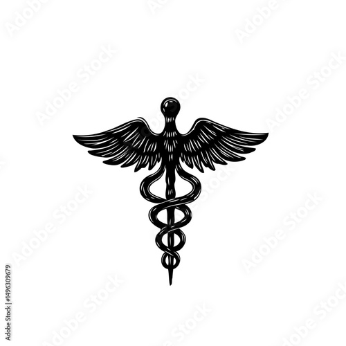 Monochrome medical symbol depicting health and healing with winged staff