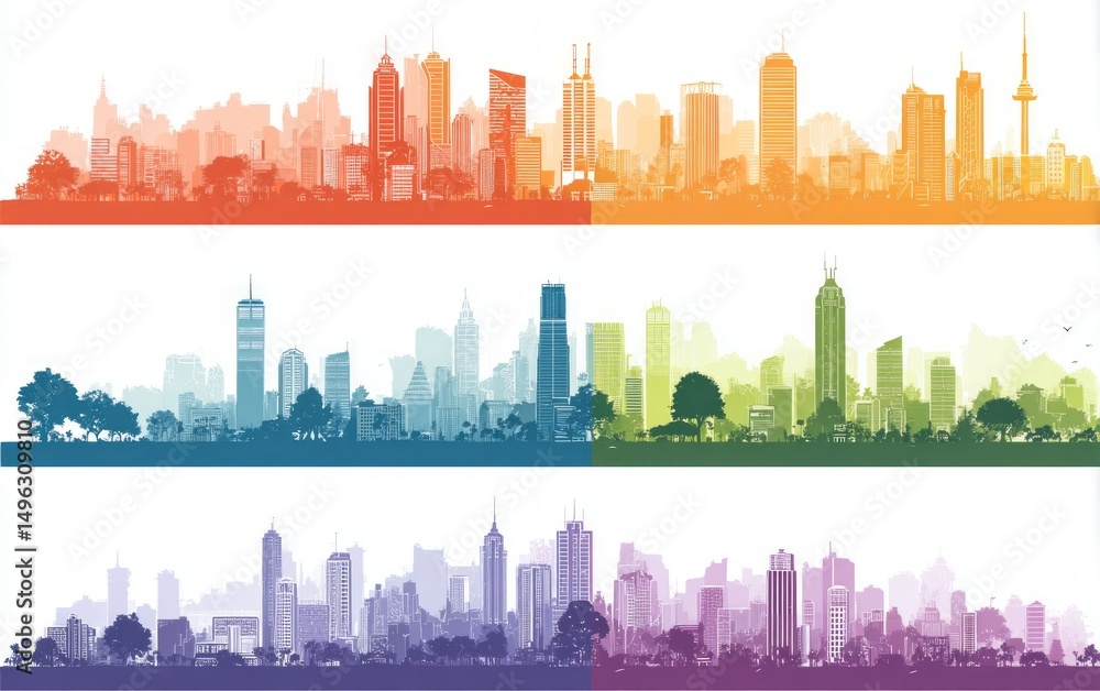 Fototapeta premium Colorful City Skylines: Vibrant Urban Landscapes Illustration