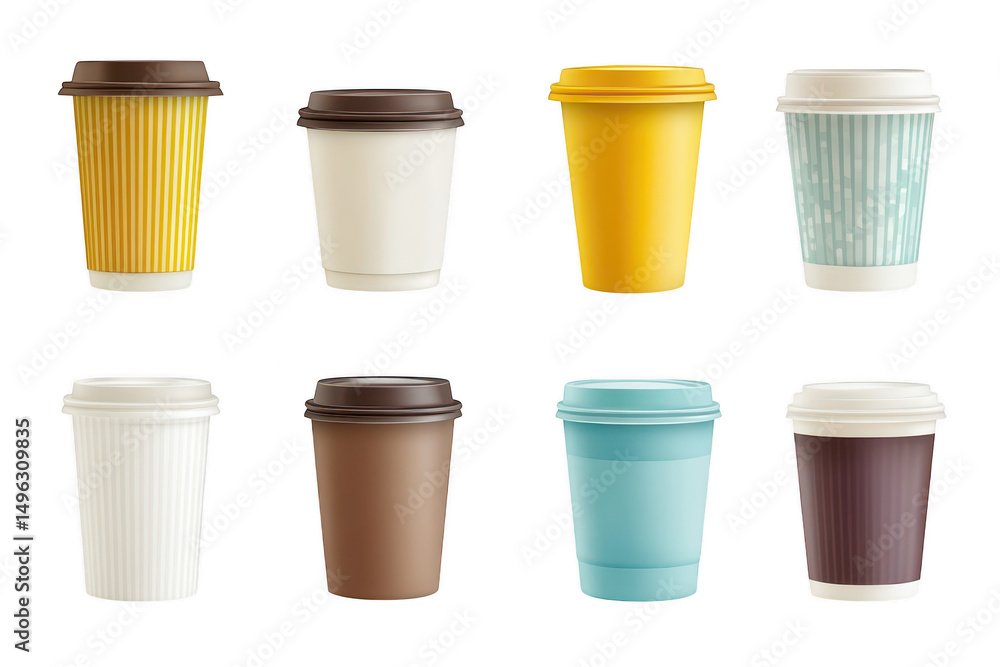 Collection of colorful plastic coffee cups with lids in various designs and textures isolated on a transparent background Collection of colorful plastic coffee cups with lids in various designs and textures isolated on a transparent background