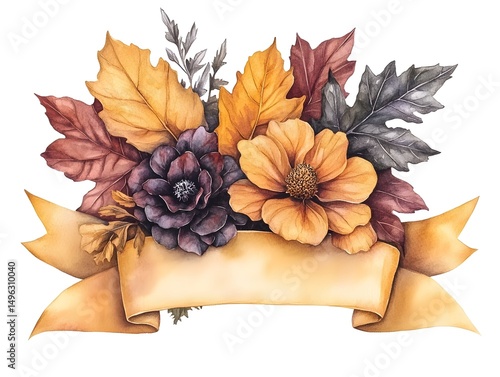 Fototapeta Naklejka Na Ścianę i Meble -  A watercolor autumn floral arrangement with dark purple and orange flowers accented by gold ribbon and fall leaves.