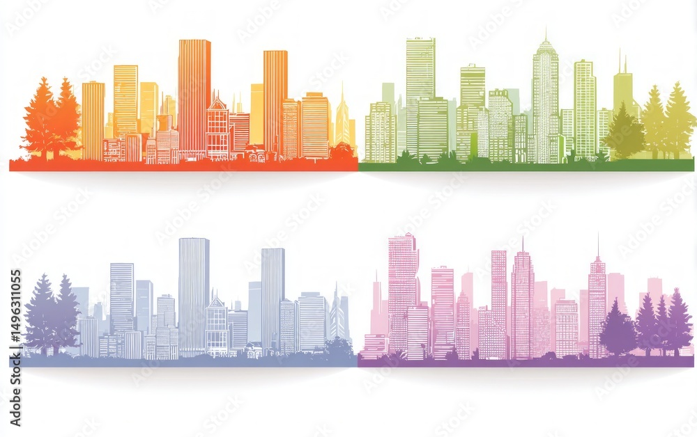 Naklejka premium Colorful City Skylines Illustrations: Orange, Green, Blue, Purple Urban Landscapes