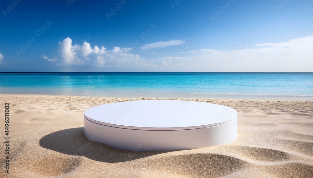 elegant white round podium on sandy beach with blue sea summer product display for beauty items elegant white round podium on sandy beach with blue sea summer product display for beauty items