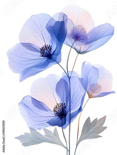 A translucent cluster of delicate blue poppies blossoms against a stark white background showcasing ethereal beauty and subtle pastel hues.