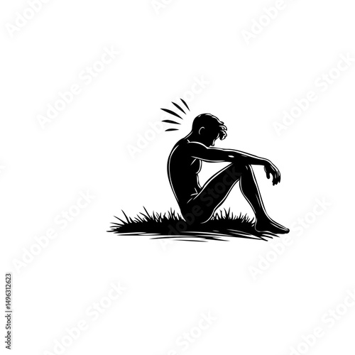 Silhouette of a contemplative man sitting on grass, evoking introspection