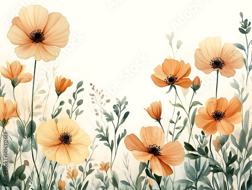 Wallpaper Mural A watercolor painting of delicate orange and yellow wildflowers in full bloom against a soft white background. Torontodigital.ca