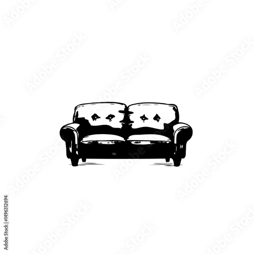 Monochrome depiction of a cozy two-seater sofa against a neutral backdrop