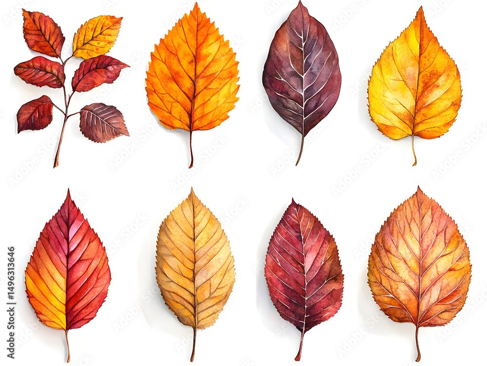 Obraz premium Eight vibrant autumn leaves watercolor painting collection isolated on white background perfect for fall designs and seasonal projects.