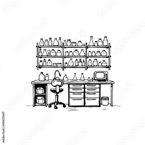 Intricate hand-drawn laboratory scene depicting a scientist's workspace with apparatus