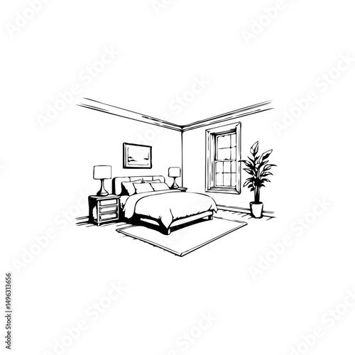 Monochrome bedroom illustration with interior decor features for minimalist themes
