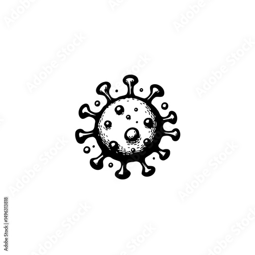 Monochrome depiction of a coronavirus cell rendered in a unique engraved style