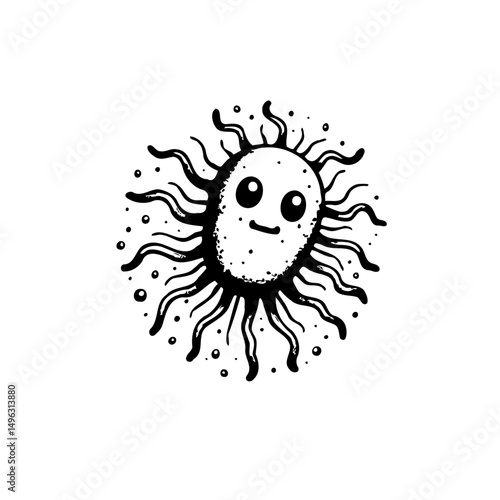 Stylized depiction of a microbe with anthropomorphic facial expression and radiating filaments