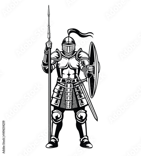 Medieval knight with spear sword and shield