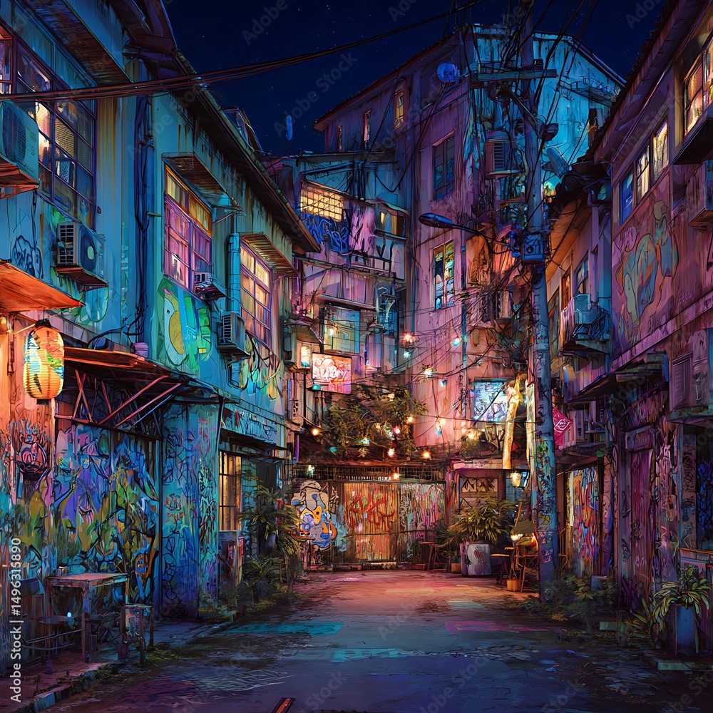 Fototapeta premium Night Scene of a Vibrant, Graffiti-Covered Alleyway. Illuminated by String Lights and Warm Glow.