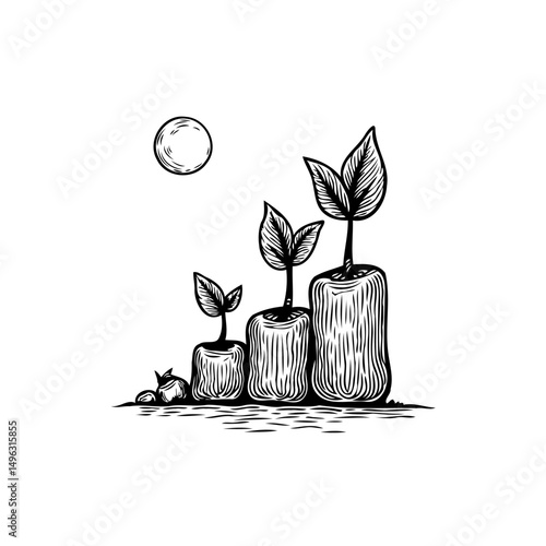 Monochrome depiction of saplings illustrating growth stages under a spherical form