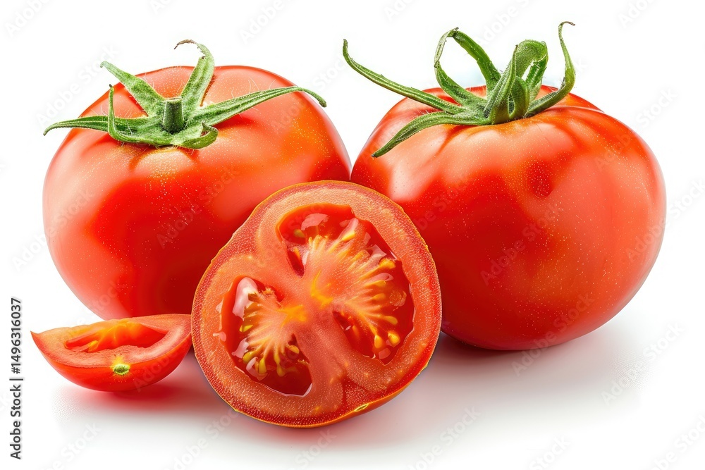 Tomato vegetables isolated on white or white background. Three fresh tomatoes whole and cut wedge Tomato vegetables isolated on white or white background. Three fresh tomatoes whole and cut wedge