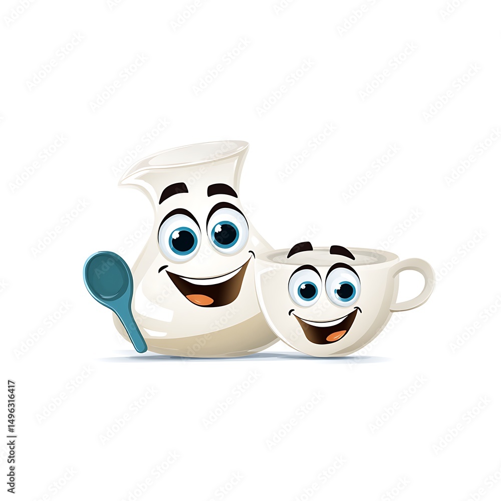 Obraz premium Cheerful Milk Jug and Cup Cartoon Characters. A fun illustration perfect for breakfast menus, dairy products, or children's books.