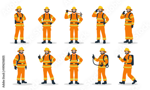 Firefighter characters graphic vector illustration set