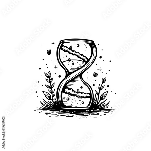 Monochrome Hourglass Illustration Embodying Timelessness with Botanical Accents Design